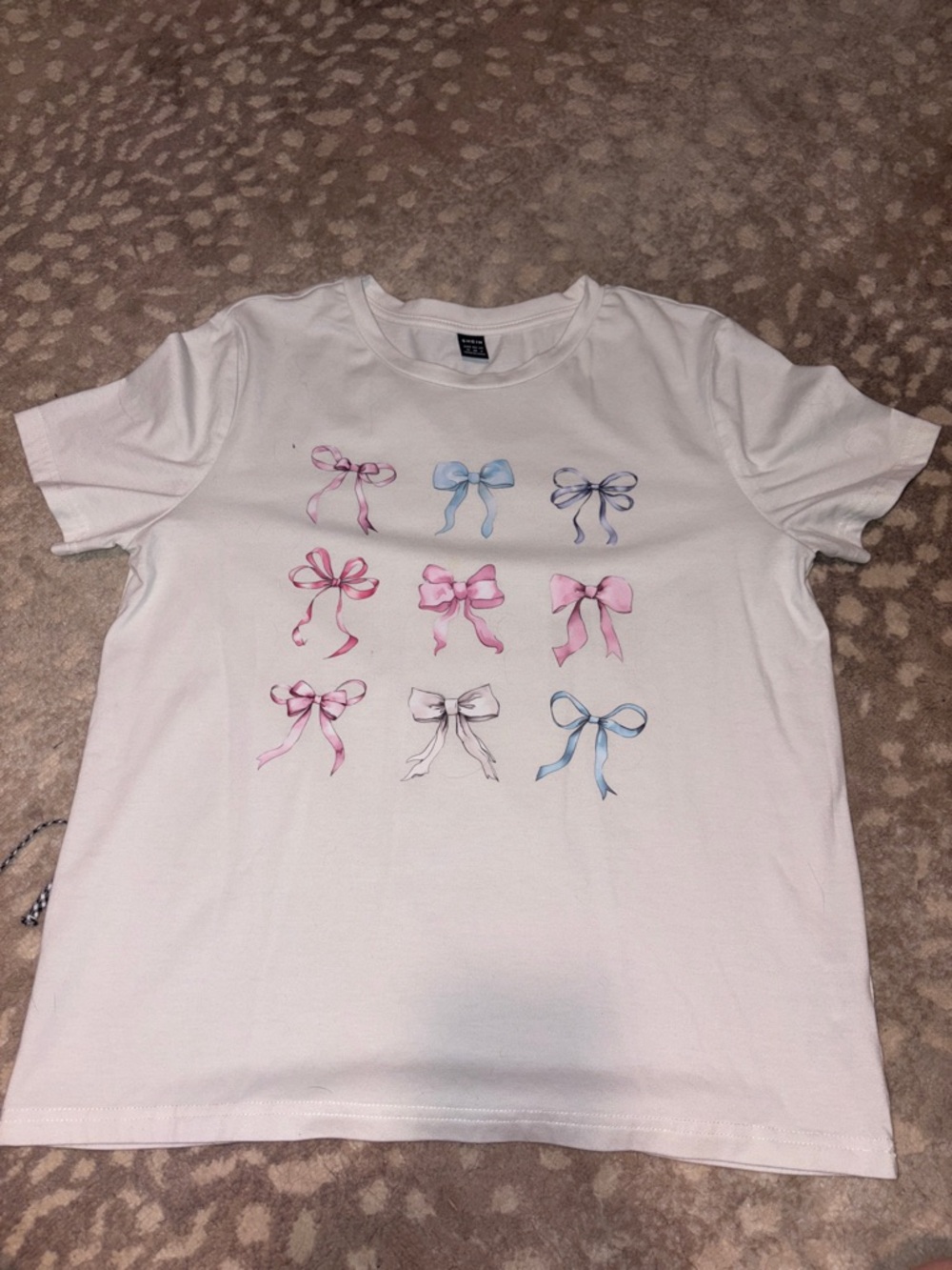 SHEIN White Tee with Pink & Blue Bow Grid